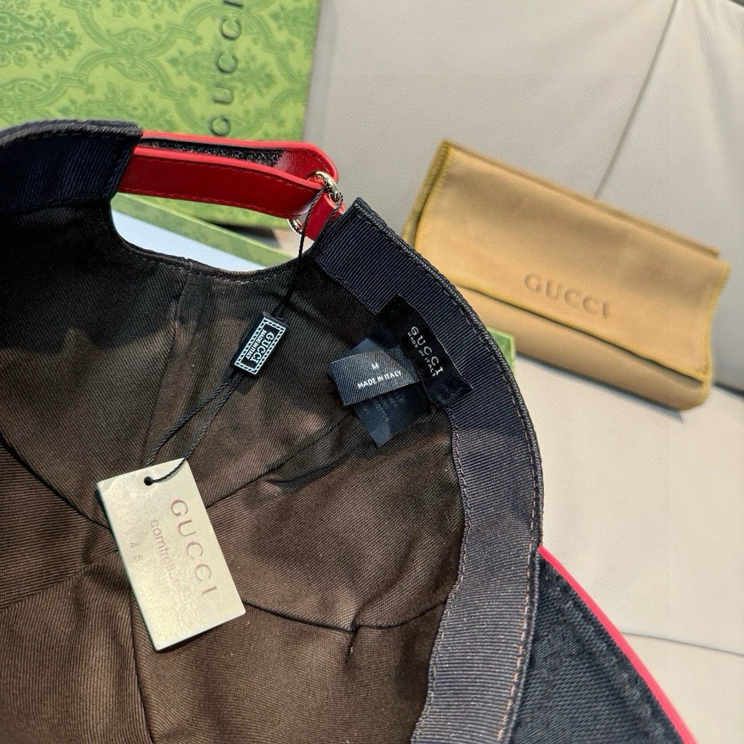 Black Gucci cap interior with fabric lining and red adjustment strap