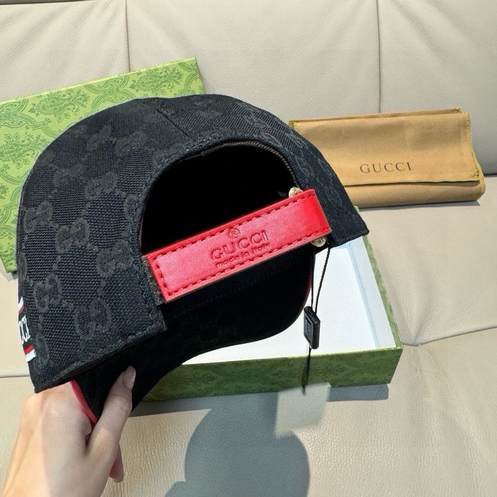 Black Gucci cap interior with red label panel and adjustable strap