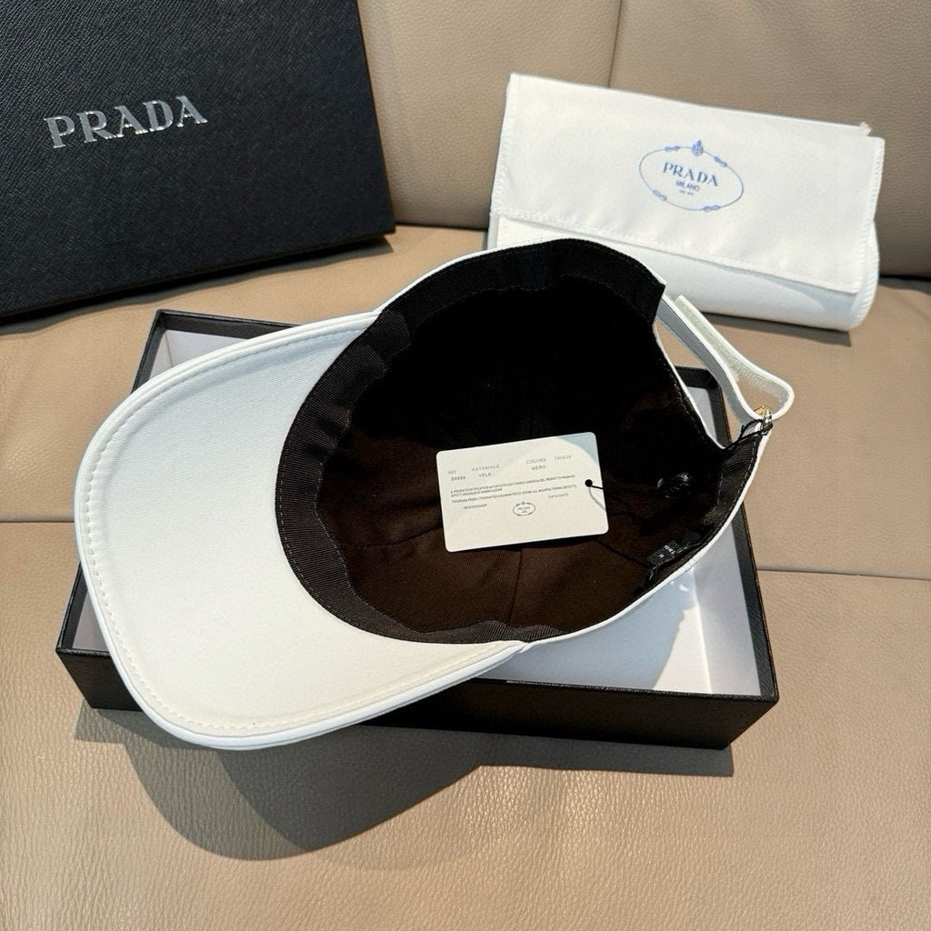 White Prada cap with black inner lining and product tags
