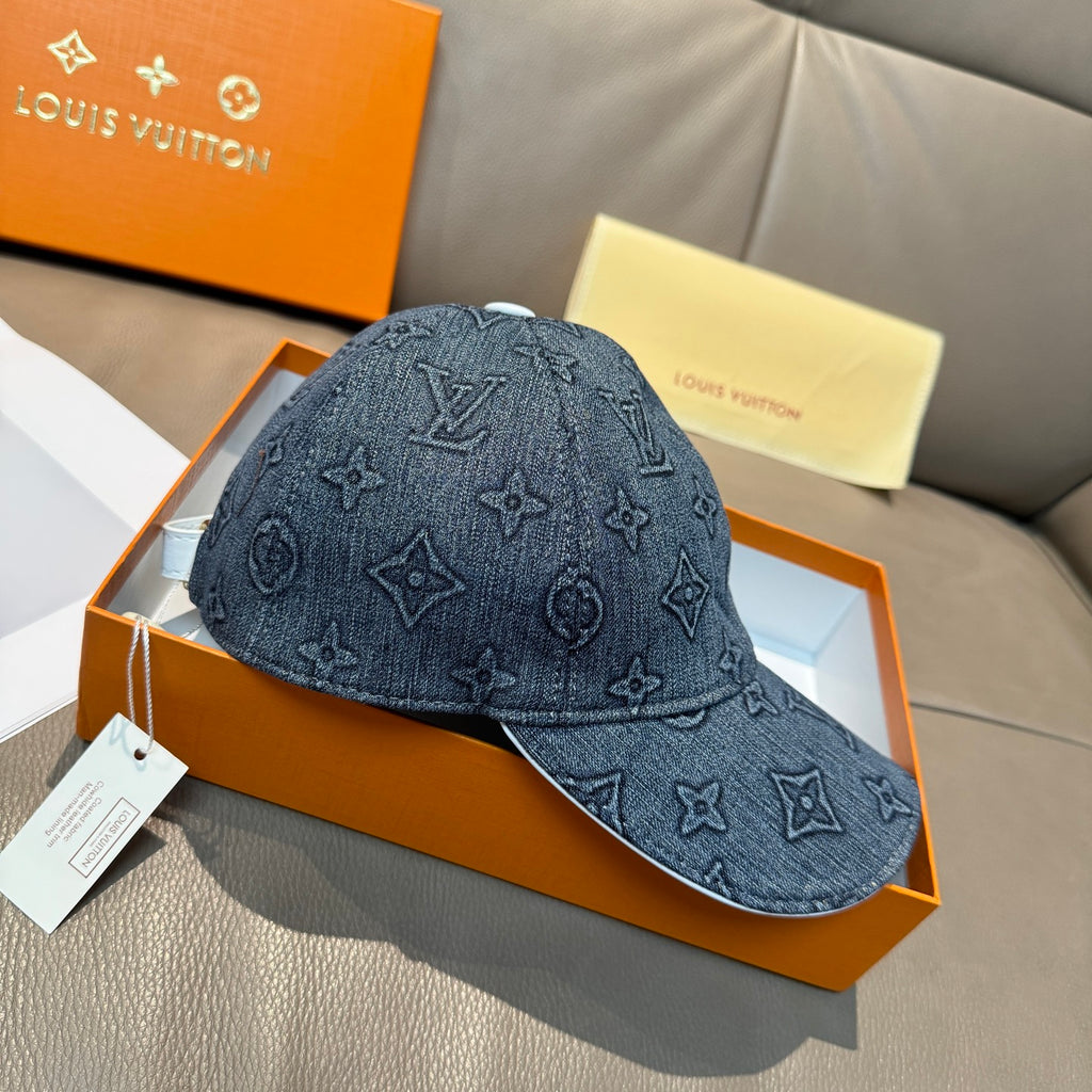 Denim blue Louis Vuitton monogram baseball cap with curved brim and embossed-style logo print