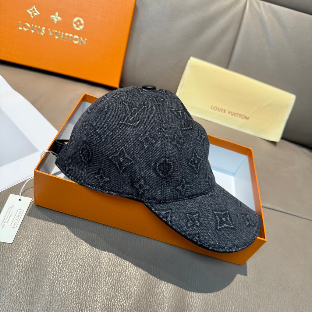 Louis Vuitton denim baseball cap with dark monogram pattern and curved brim