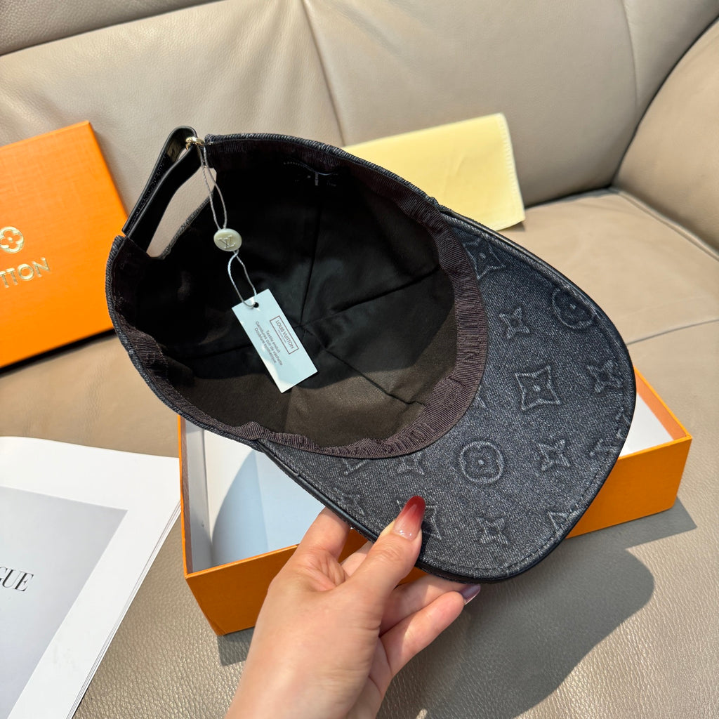 Louis Vuitton denim baseball cap interior view with monogram exterior and brim