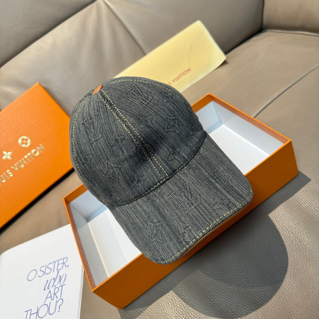 Louis Vuitton denim baseball cap, dark blue-gray with LV monogram pattern
