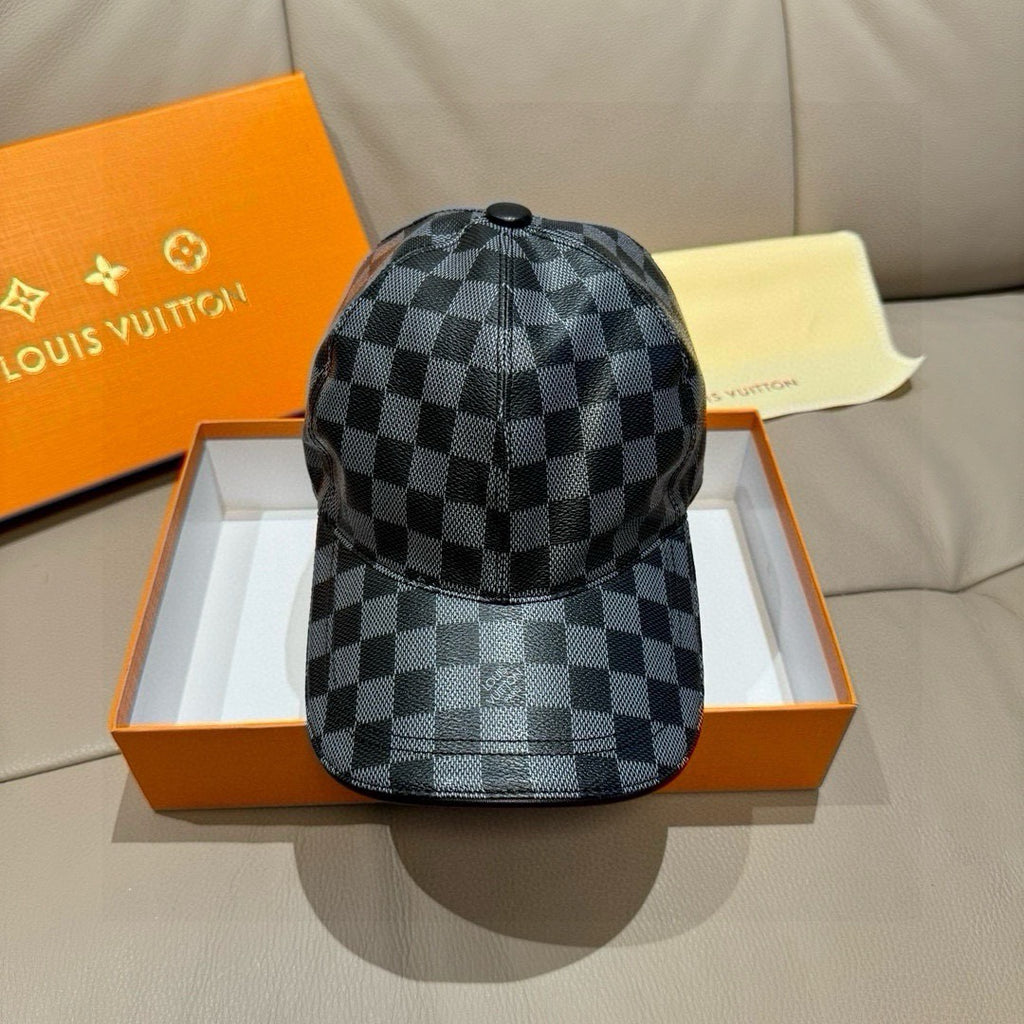 Louis Vuitton checkered baseball cap with side brim and adjustable strap, dark blue-gray