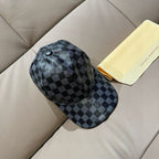 Louis Vuitton checkered baseball cap with domed crown and curved brim, dark blue-gray