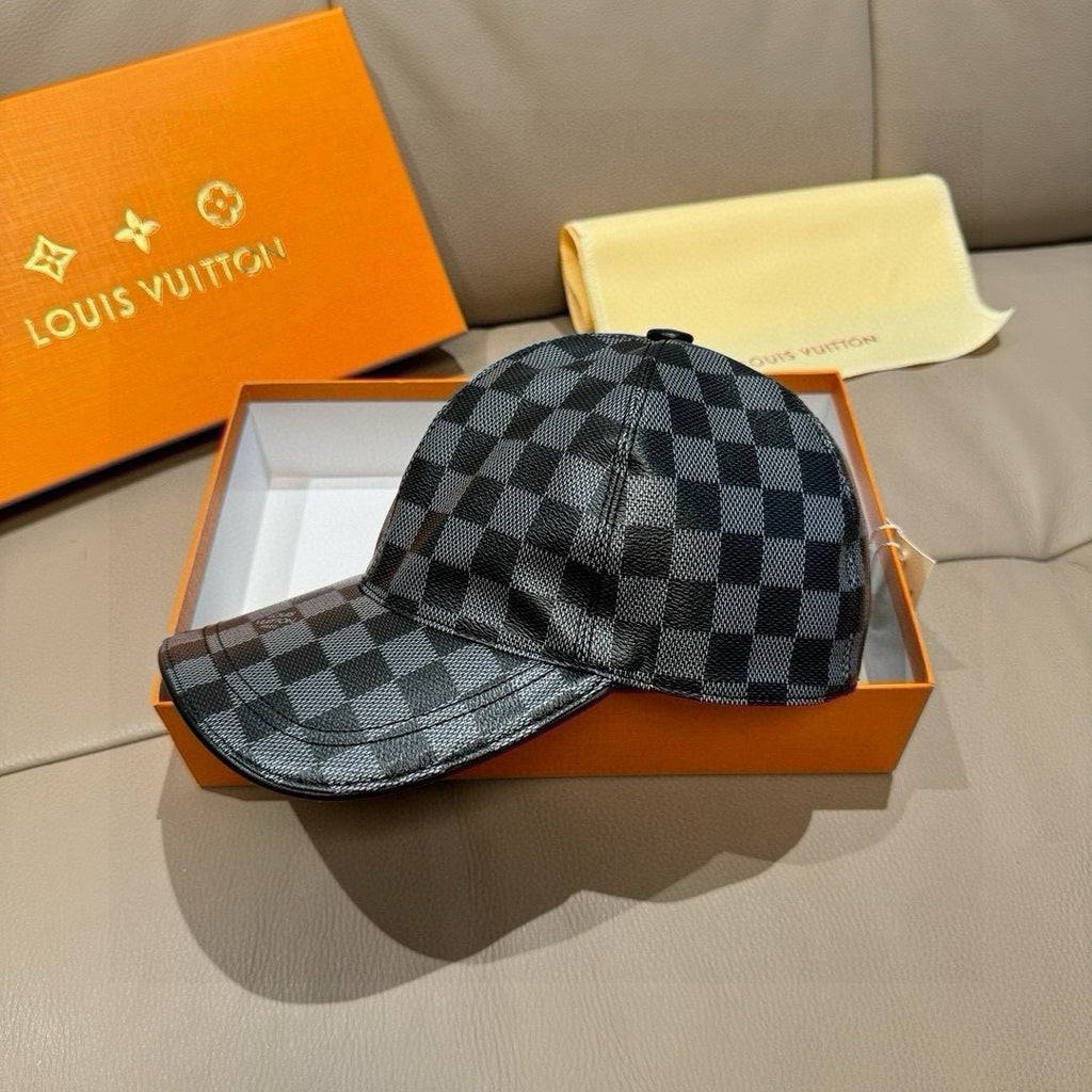 Louis Vuitton checkered baseball cap, dark gray with black pattern and curved brim