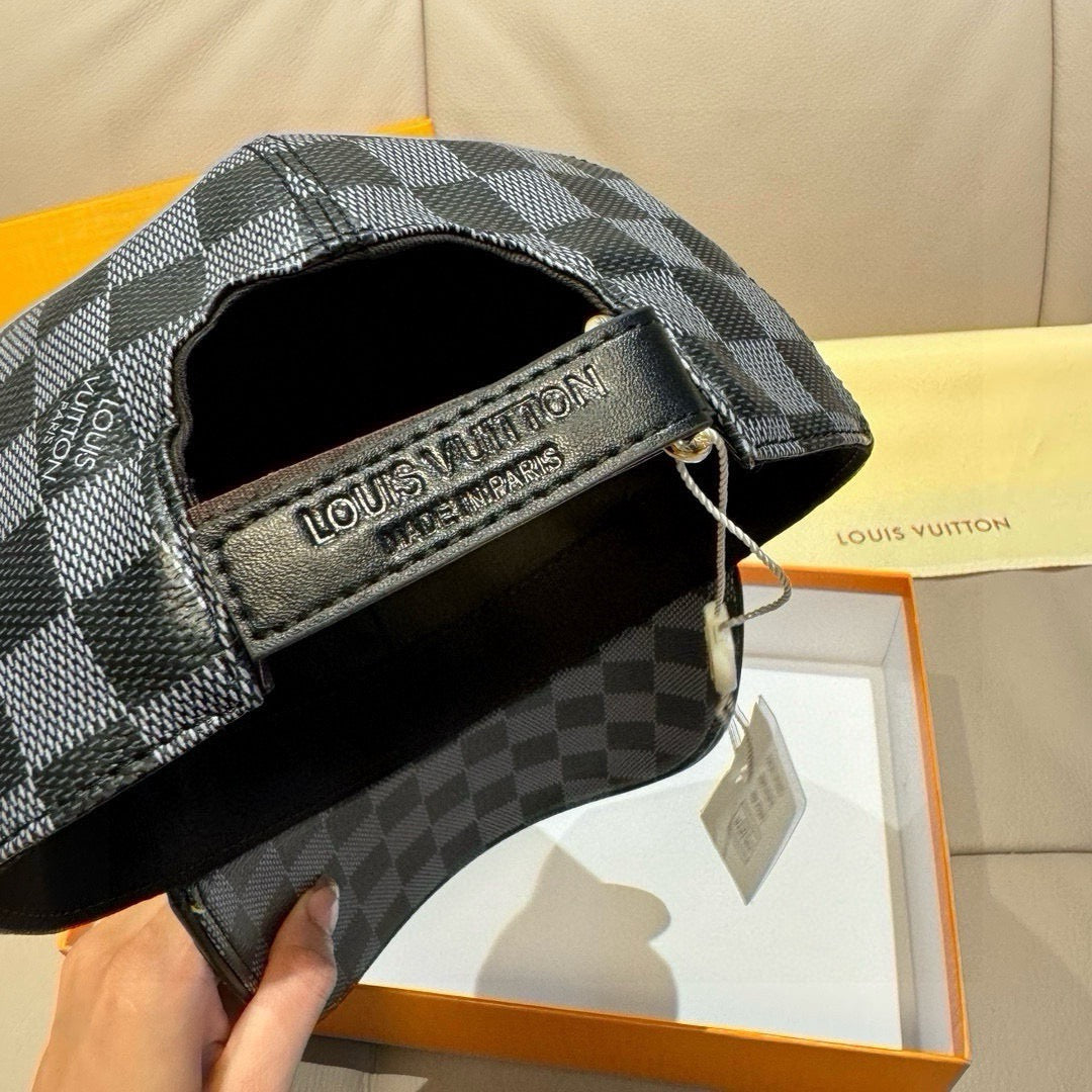 Louis Vuitton baseball cap interior with logo patch, dark checkered fabric