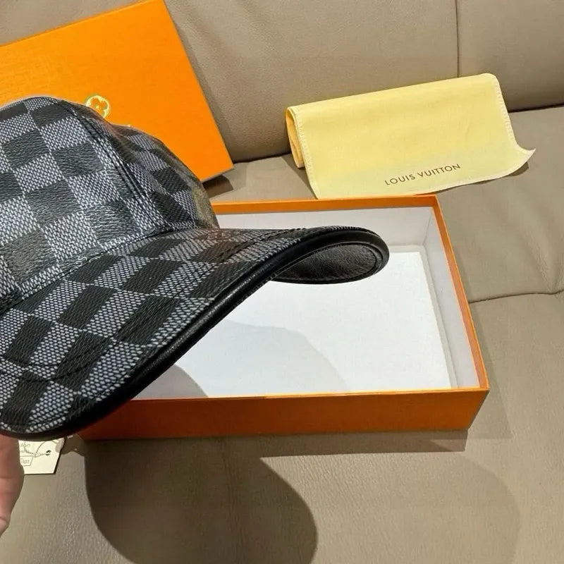 Checkered Louis Vuitton cap with curved brim, side profile detail