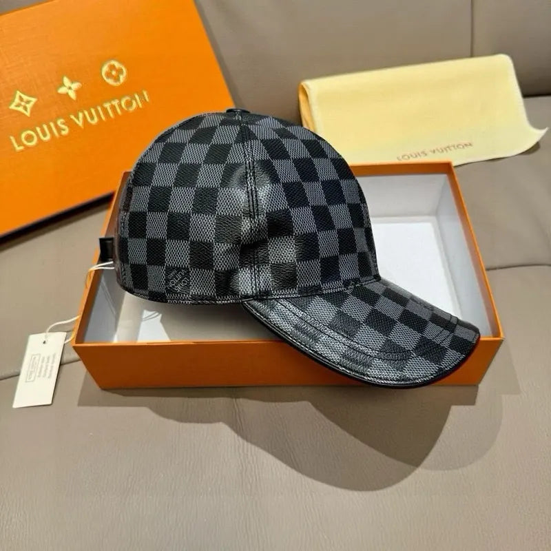 Checkered Louis Vuitton baseball cap, dark gray and black pattern, angled view