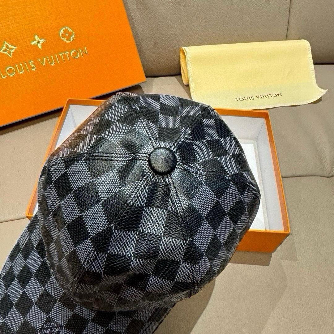 Louis Vuitton checkered baseball cap crown with round button, dark blue-gray grid