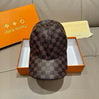 Louis Vuitton checkered baseball cap with front panel and top button, brown and blue-gray
