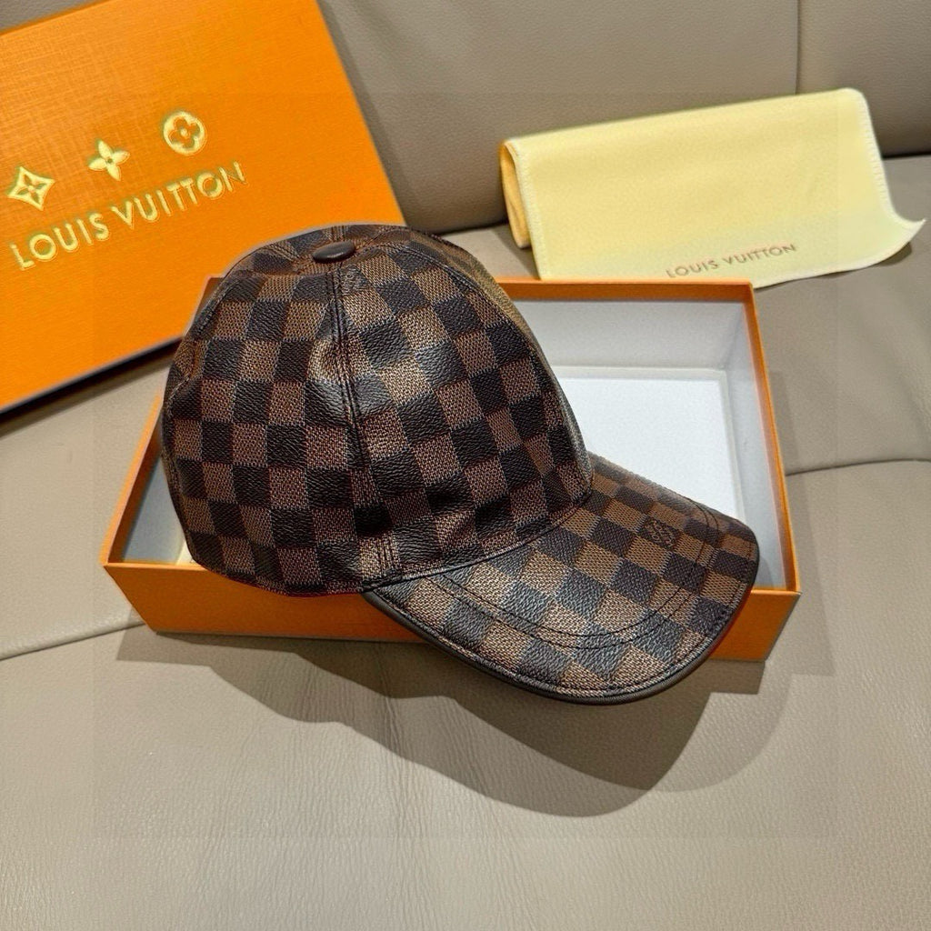 Louis Vuitton checkered baseball cap with curved brim, brown and blue-gray tones