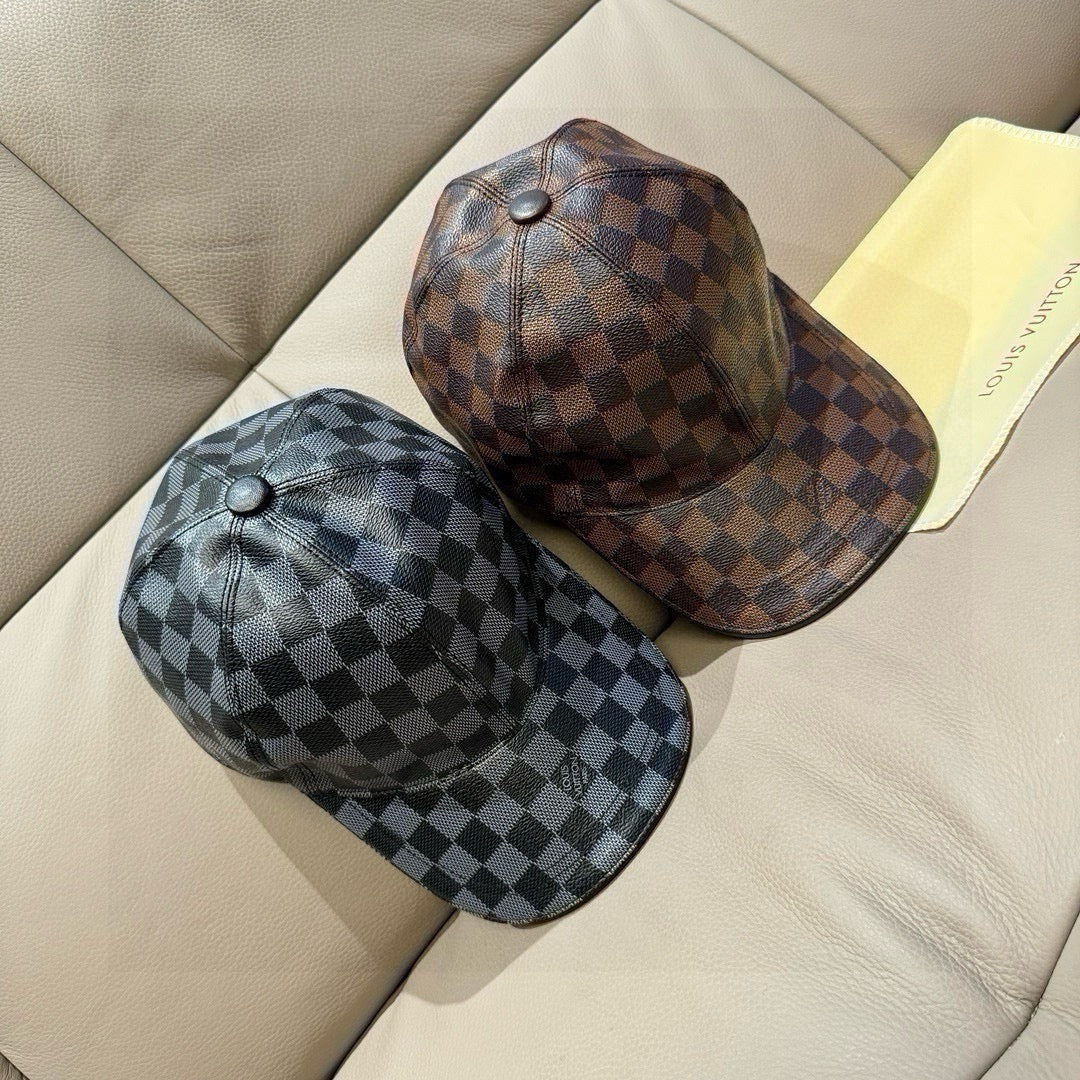 Louis Vuitton checkered baseball caps, brown and dark blue-gray patterns together