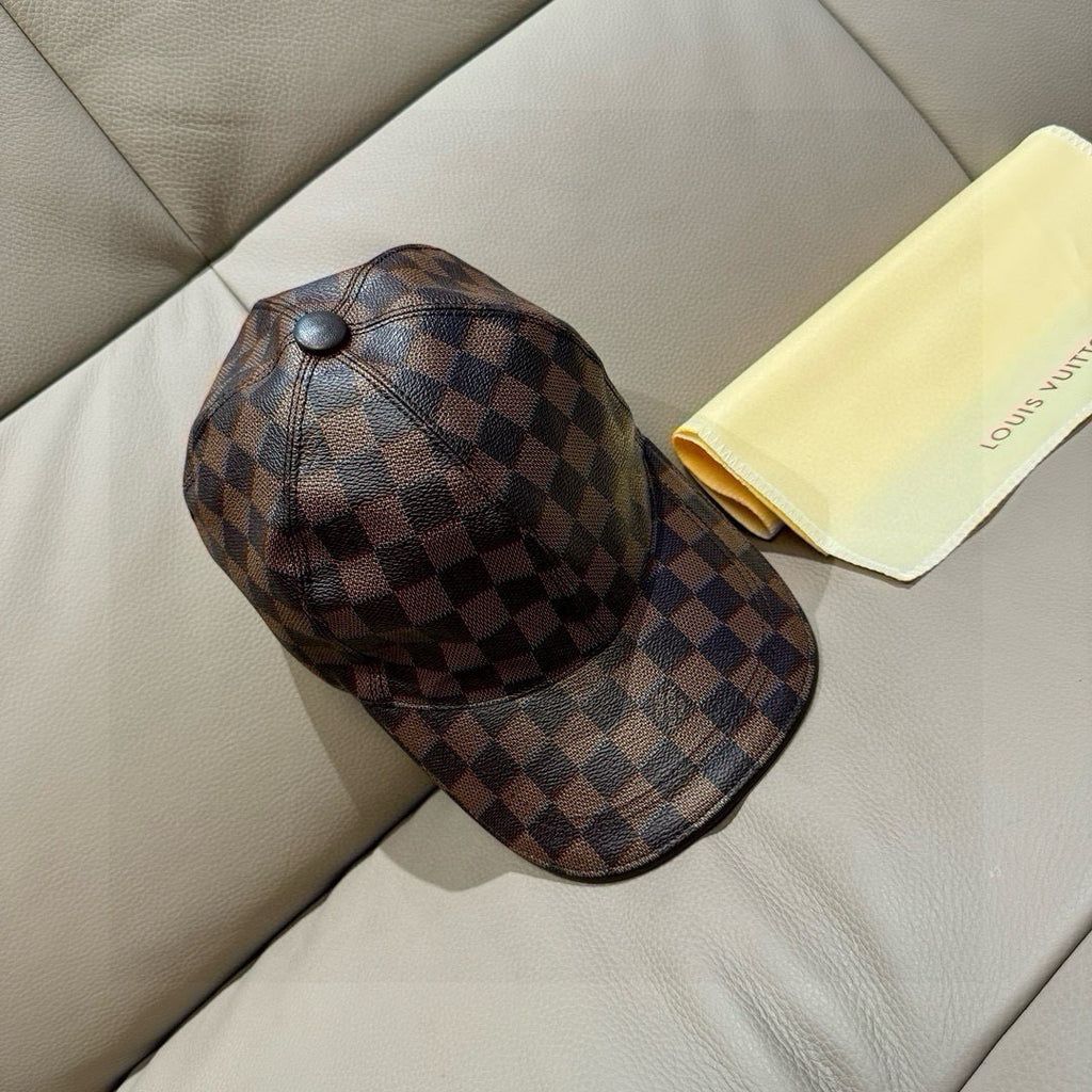 Louis Vuitton checkered baseball cap with top button, brown-and-dark pattern