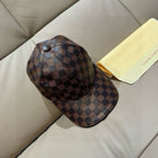 Louis Vuitton checkered baseball cap with top button, brown-and-dark pattern