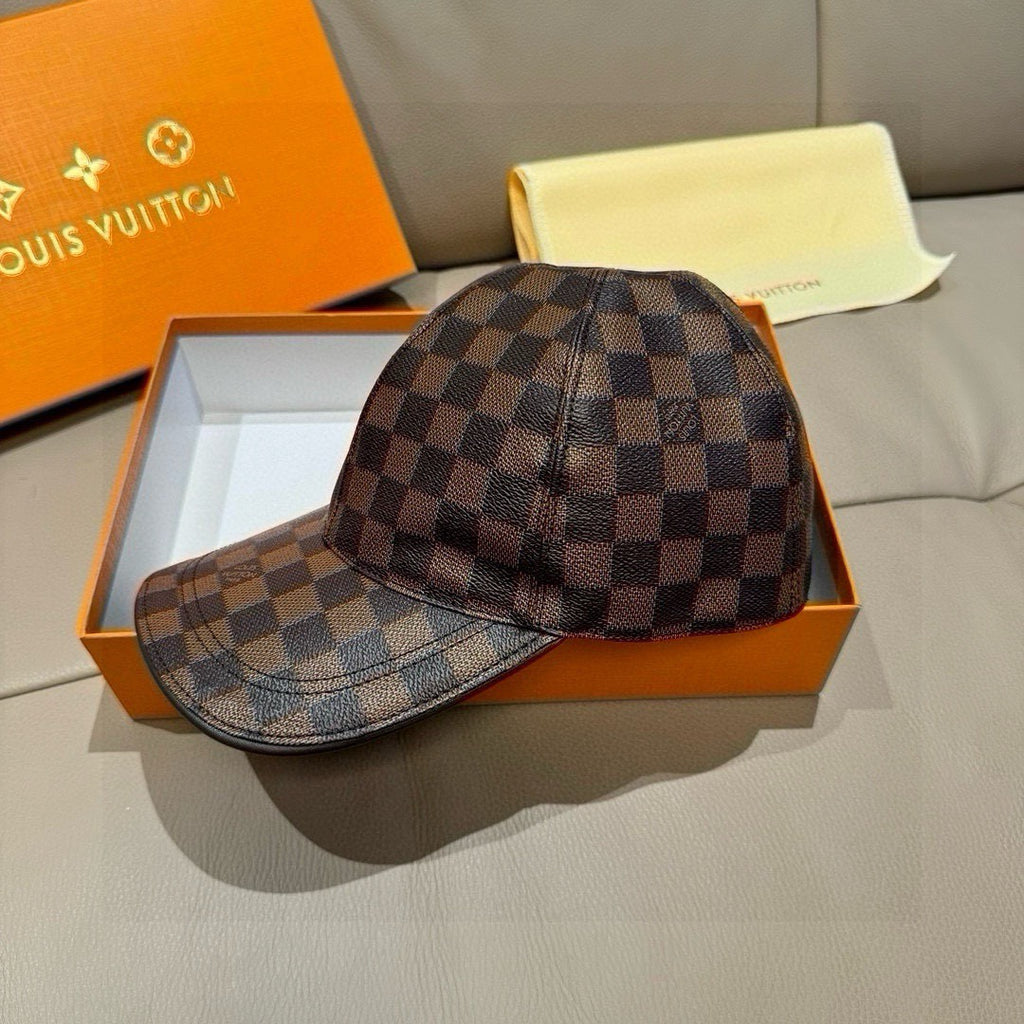 Louis Vuitton checkered baseball cap with snap button, brown and blue-gray pattern