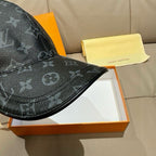 Louis Vuitton monogram baseball cap, dark gray side view with curved brim