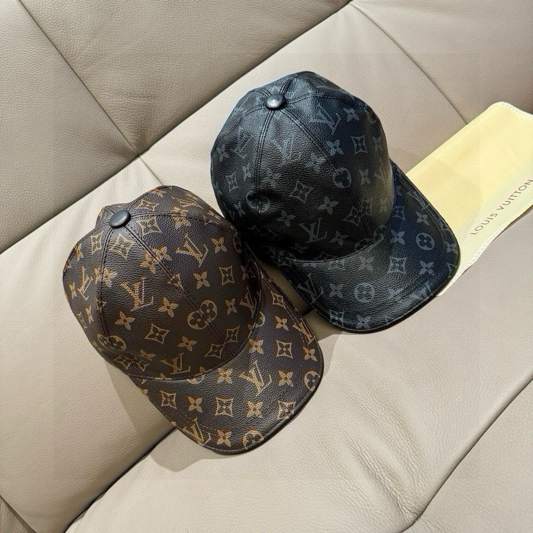 Louis Vuitton caps set: brown and dark gray monogram baseball caps with curved brims