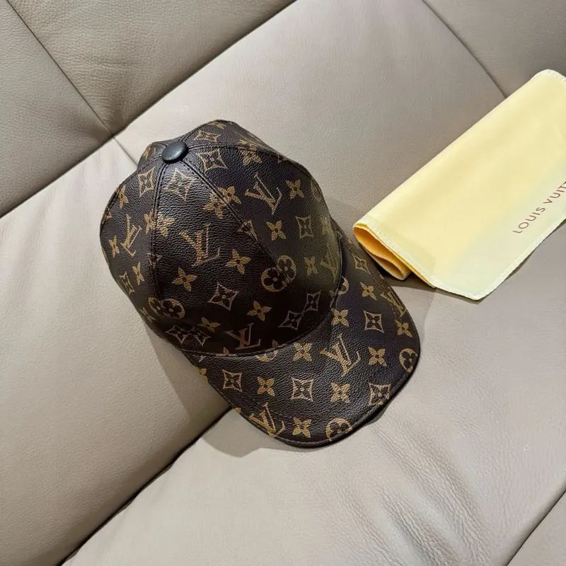 Dark brown monogram baseball cap, side view with curved brim