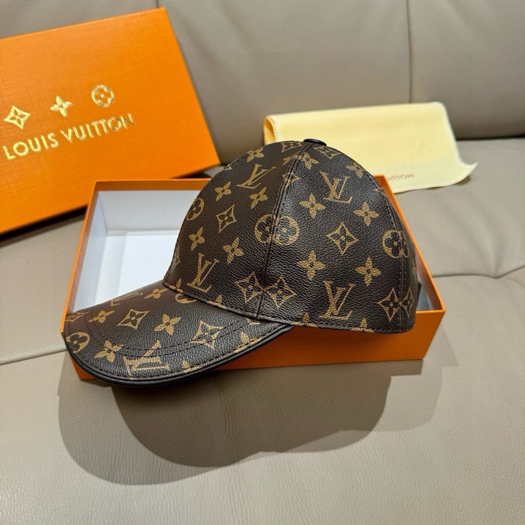 Louis Vuitton monogram baseball cap in dark brown with gold pattern and curved brim
