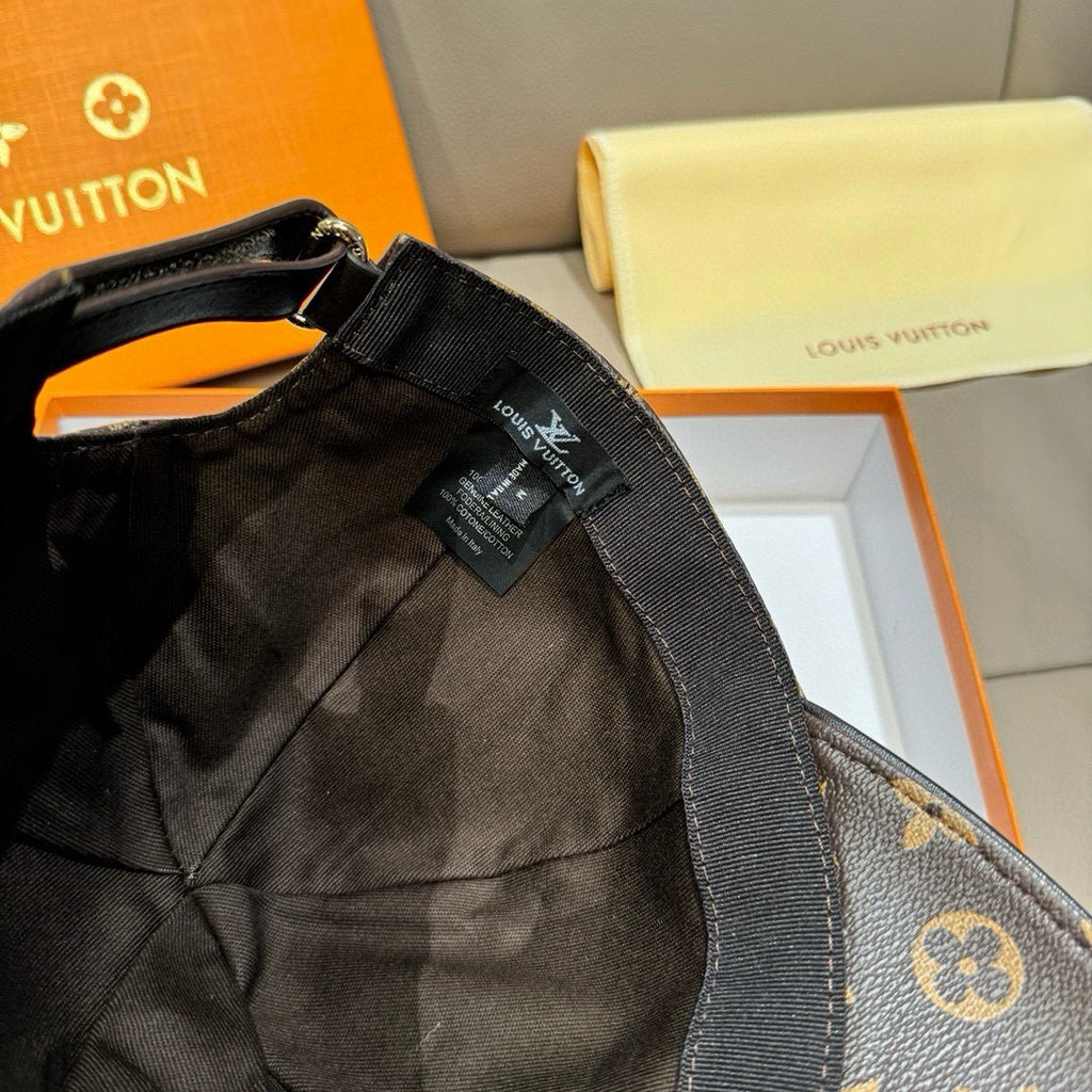 Louis Vuitton monogram cap showing adjustable strap and interior label