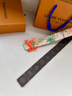 Louis Vuitton belt lengthwise: floral strap with orange LV buckle and dark monogram