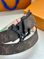 Monogram leather belt with black buckle and textured leather ends