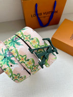 Louis Vuitton belt with floral strap and green LV buckle, dark leather edge