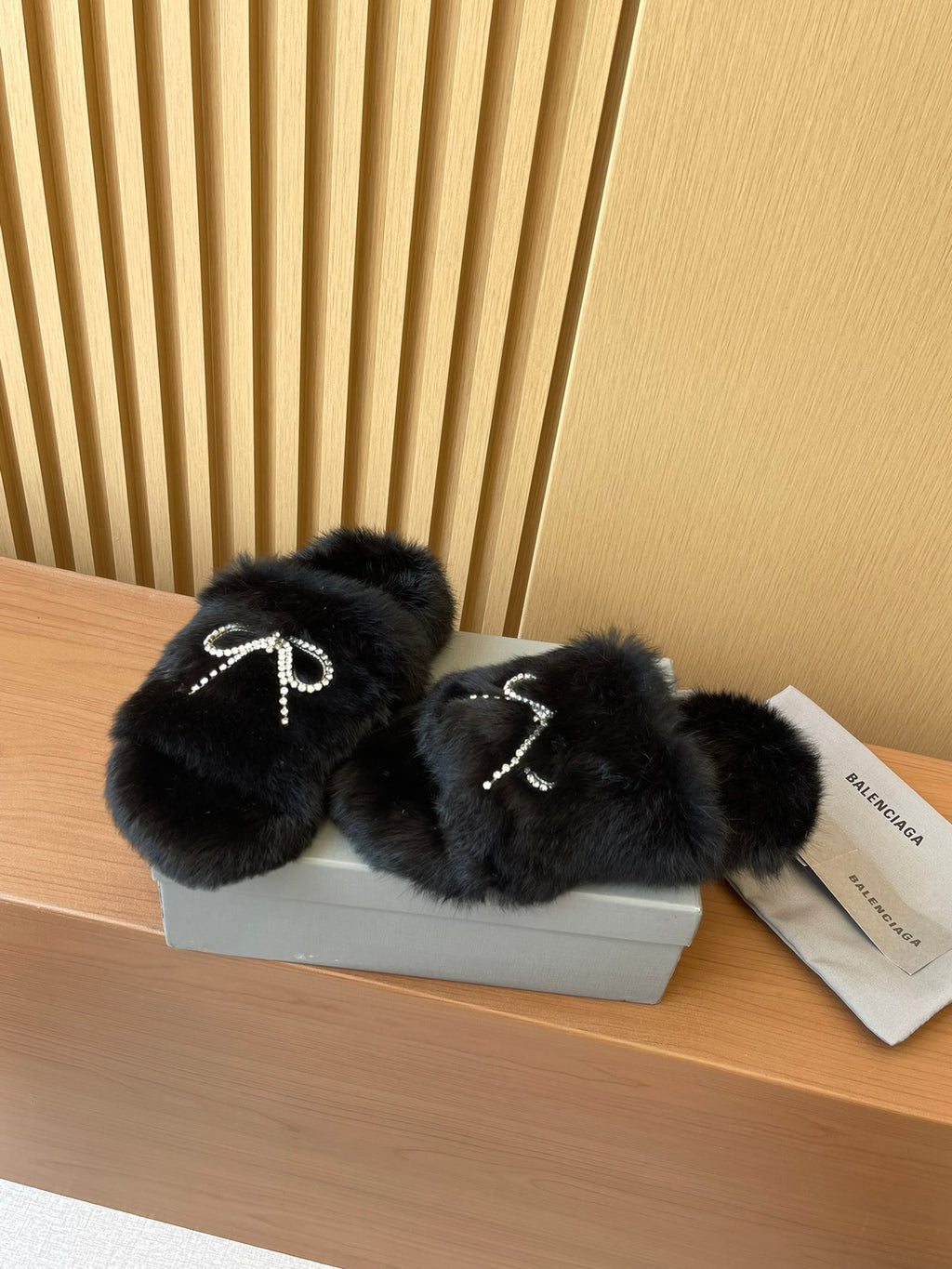 Balenciaga dark fuzzy sandals with jeweled bow straps, open toe