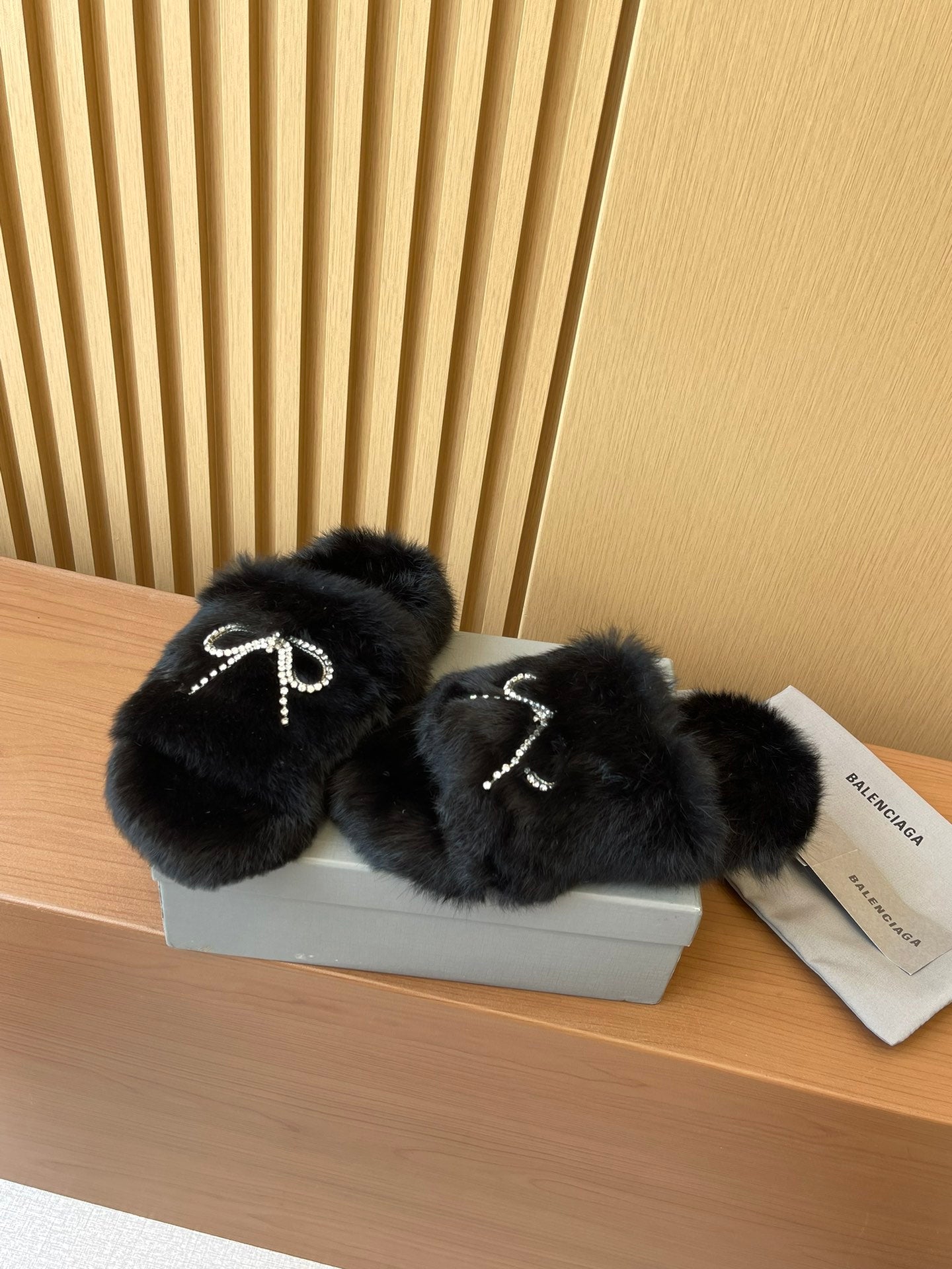 Balenciaga dark fuzzy sandals with jeweled bow straps, open toe