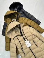 Long puffer coats, black, olive and light cream, hooded with zip fronts