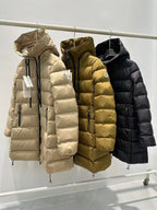 Long puffer coat, light beige, hooded with front zipper