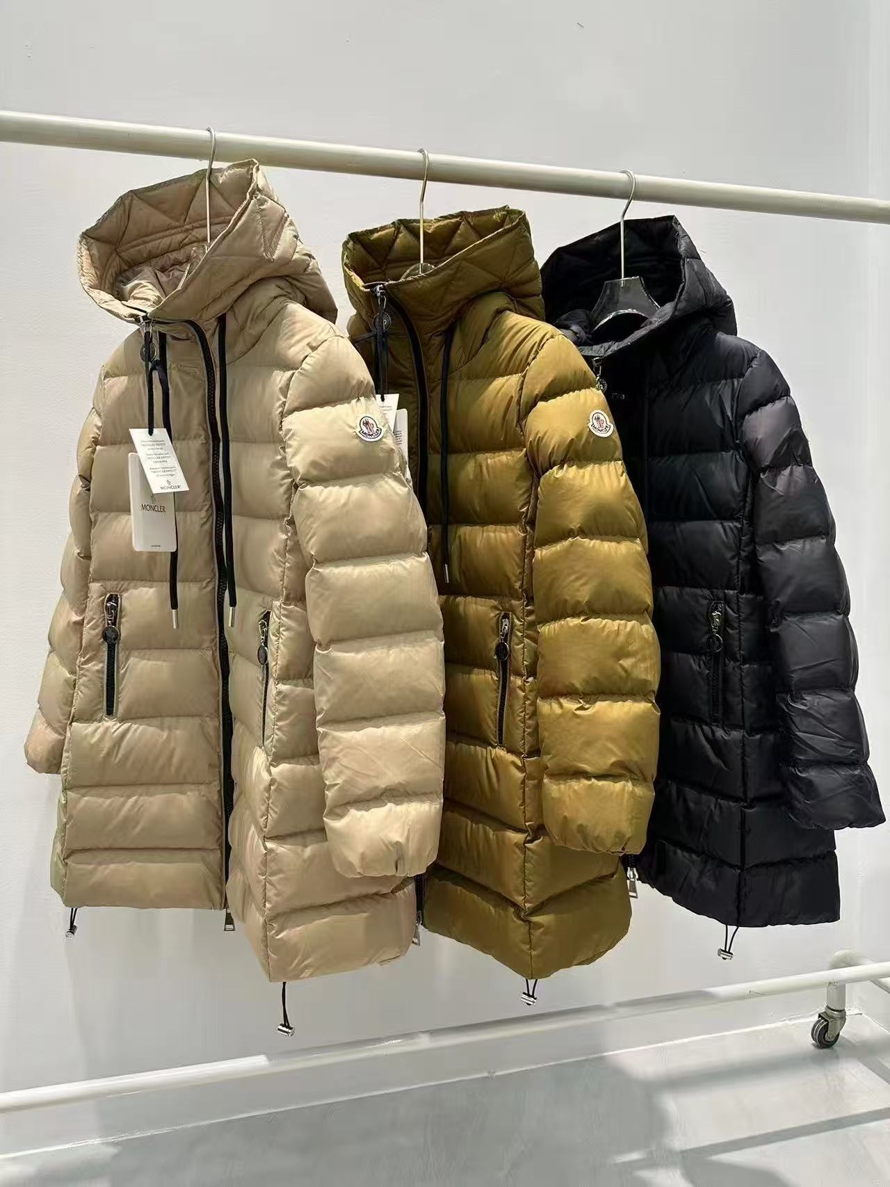 Long puffer coat, light beige, hooded with front zipper