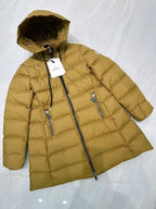 Long puffer coat, mustard yellow, hooded with zip front