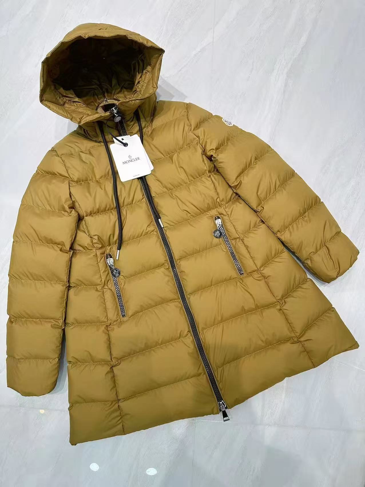 Long puffer coat, mustard yellow, hooded with zip front