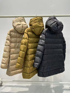 Long puffer coats, light beige, olive and dark blue, hooded with zip fronts