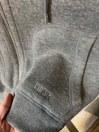 Gray heather hoodie patch with Dior logo on inside neckline