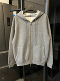 Gray heather zip-up hoodie with hood, front zipper, and kangaroo pocket
