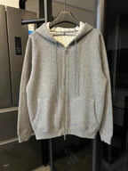 Gray heather zip-up hoodie with hood, front zipper, and kangaroo pocket