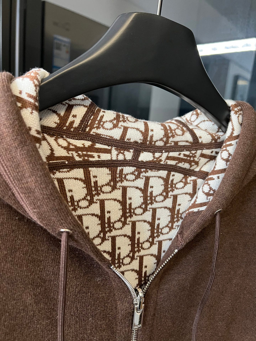 Dior brown zip-up hoodie with monogram logo hood lining and zipper