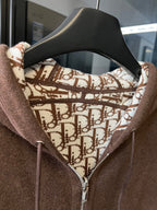 Dior brown zip-up hoodie with monogram logo hood lining and zipper