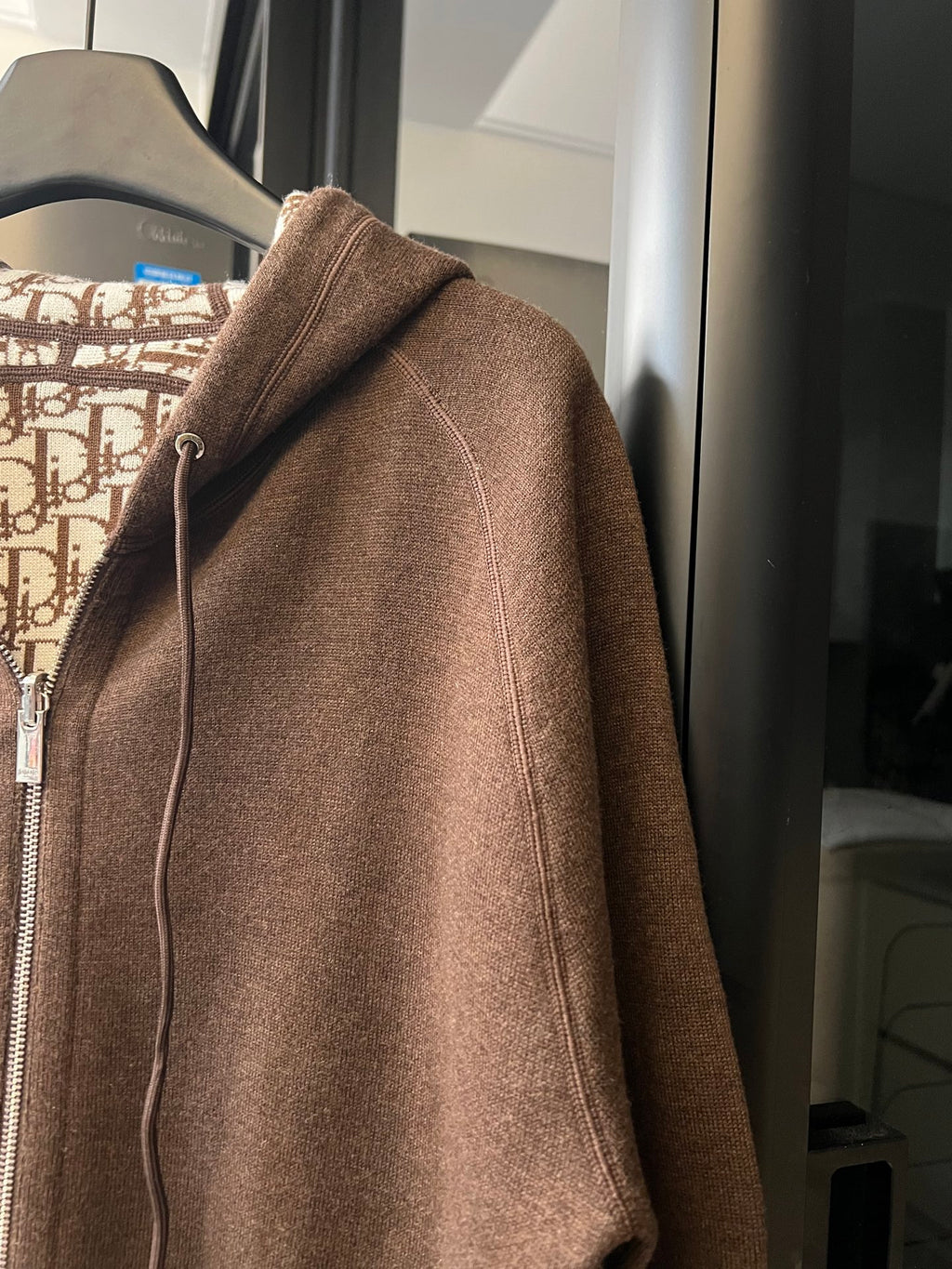 Dior brown zip-up hoodie with drawstring hood and side seam