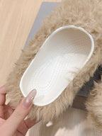 Beige faux-fur slide sandal with white insole, top view