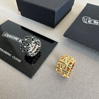 Chrome accessories rings with silver polishing cloth cards, black and gold ring details