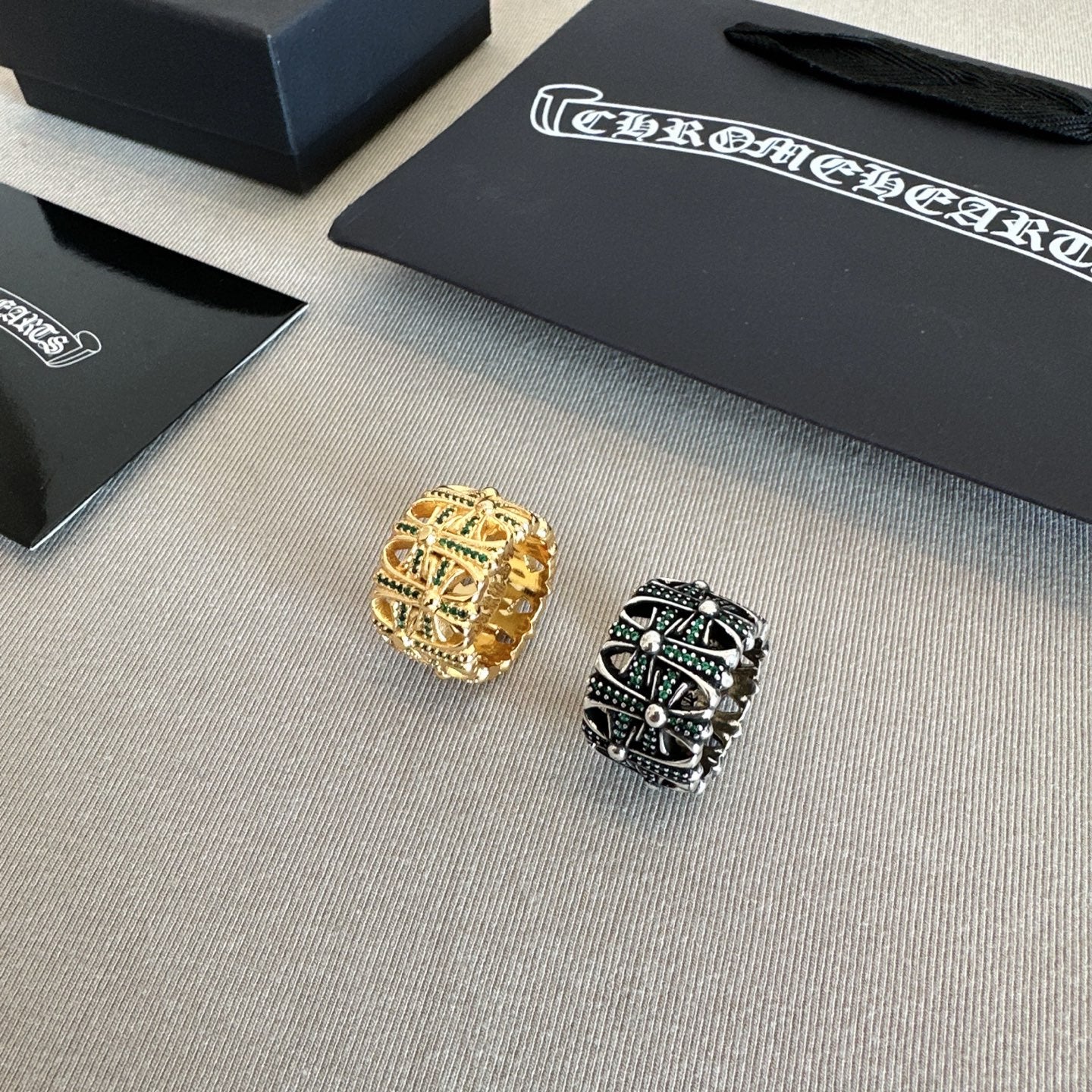 Chrome accessories two square rings with gold and black enamel, jeweled top design