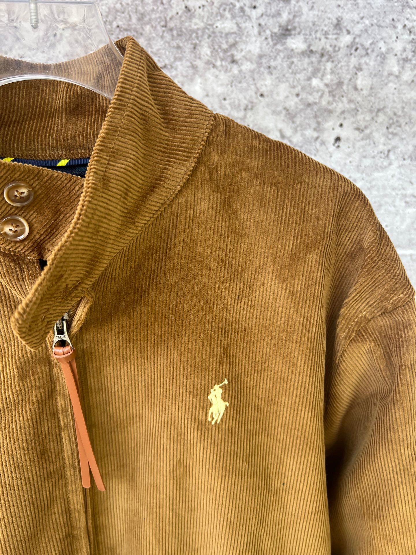 Ralph Lauren corduroy jacket shoulder detail, tan with embroidered pony and zip