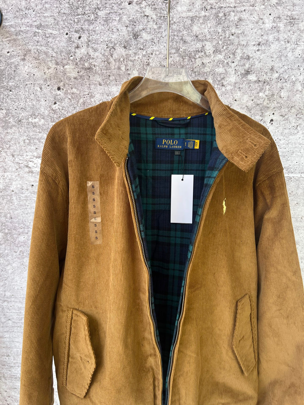 Ralph Lauren corduroy jacket front, tan with blue plaid lining and chest pony