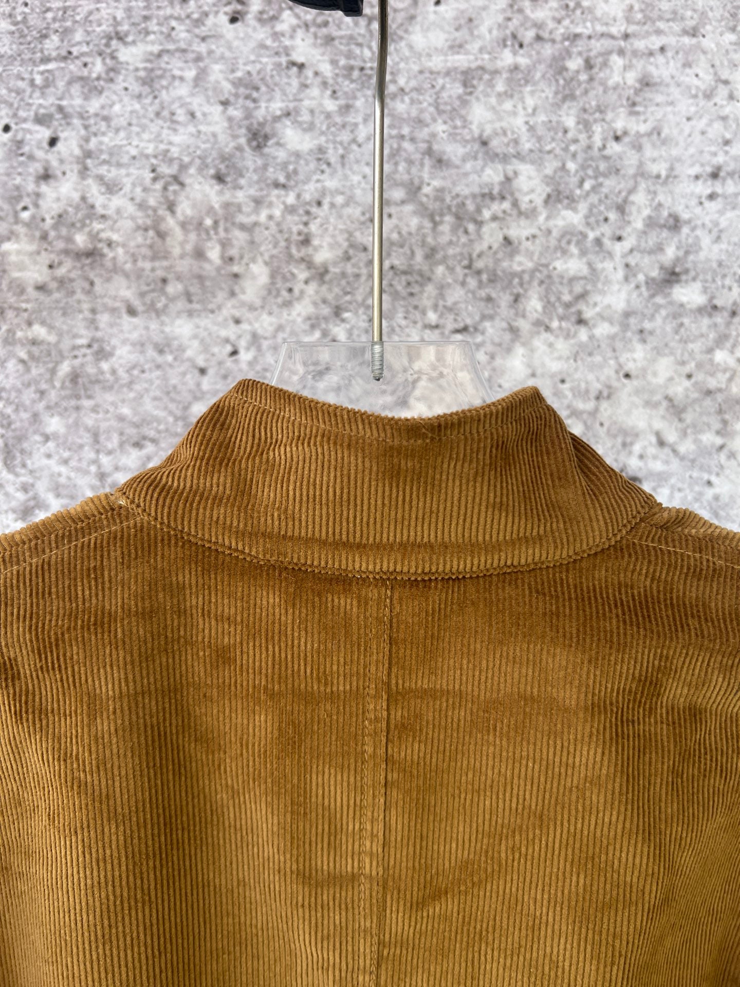 Ralph Lauren corduroy jacket collar, tan ribbed stand collar and seam