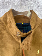 Ralph Lauren corduroy jacket neckline, visible inner plaid and zip pull