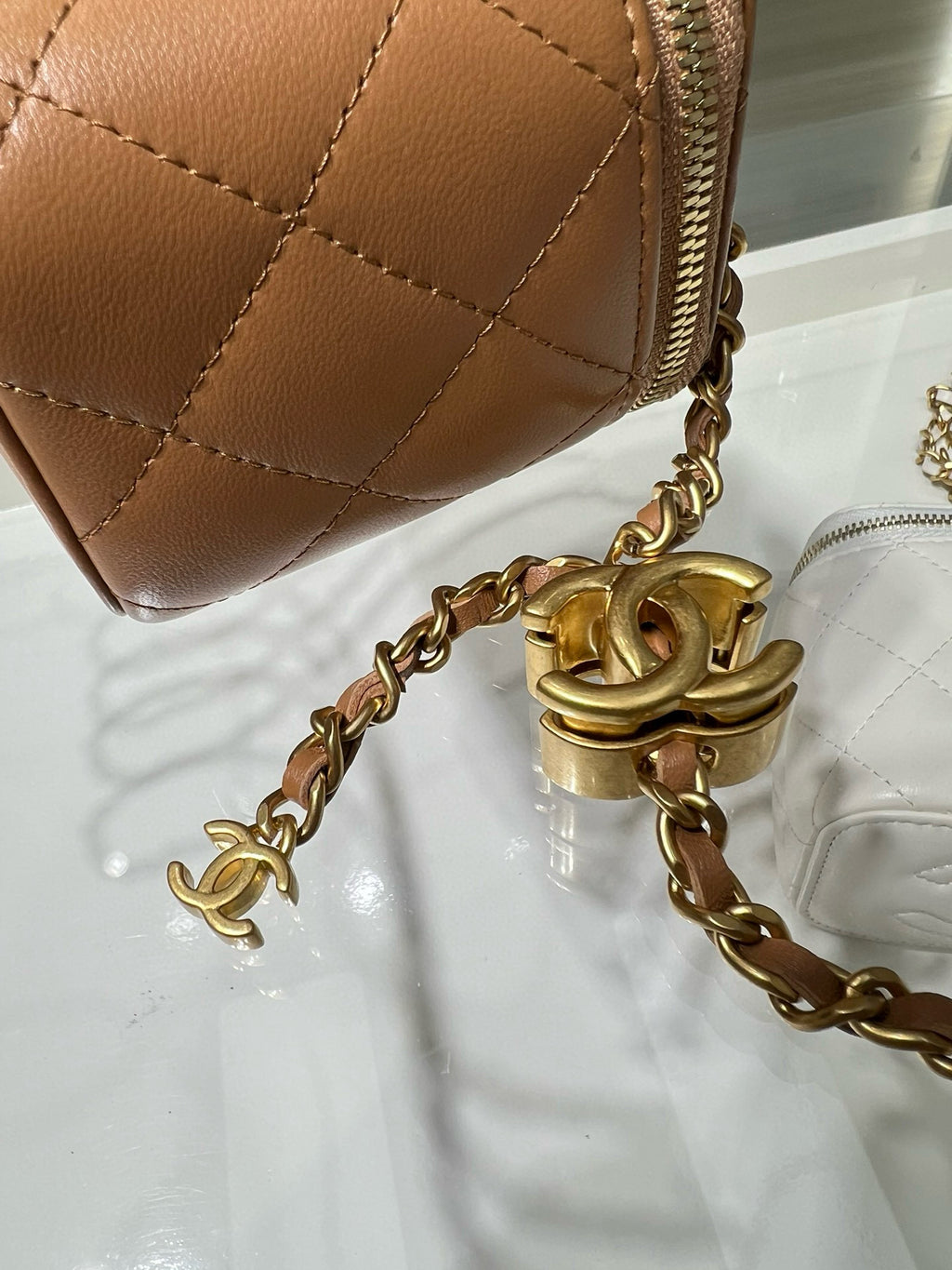 Quilted mini bag, beige leather with gold chain and CC lock hardware